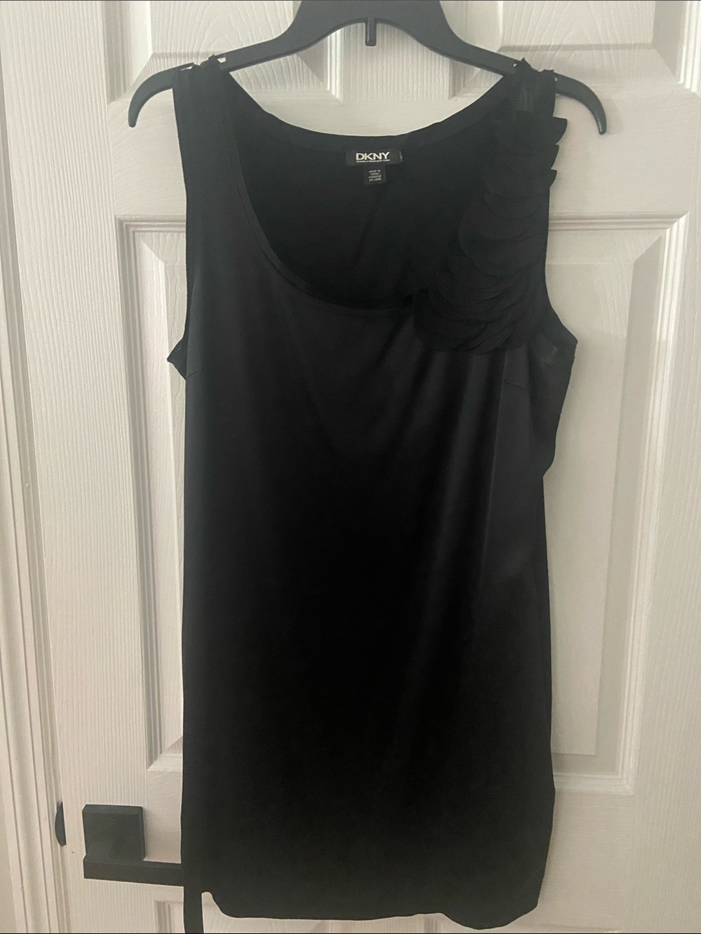 DKNY Black Sleeveless Mini Dress with Petal Shoulder Accents